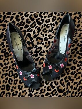 BCBGirls Black Peep-Toe Heels with Pink & Orange Floral Accents